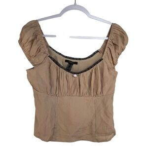 Forever 21 Womens Tan Milkmaid Top Lace Trim Rosette Ruffled Cap Sleeve Medium